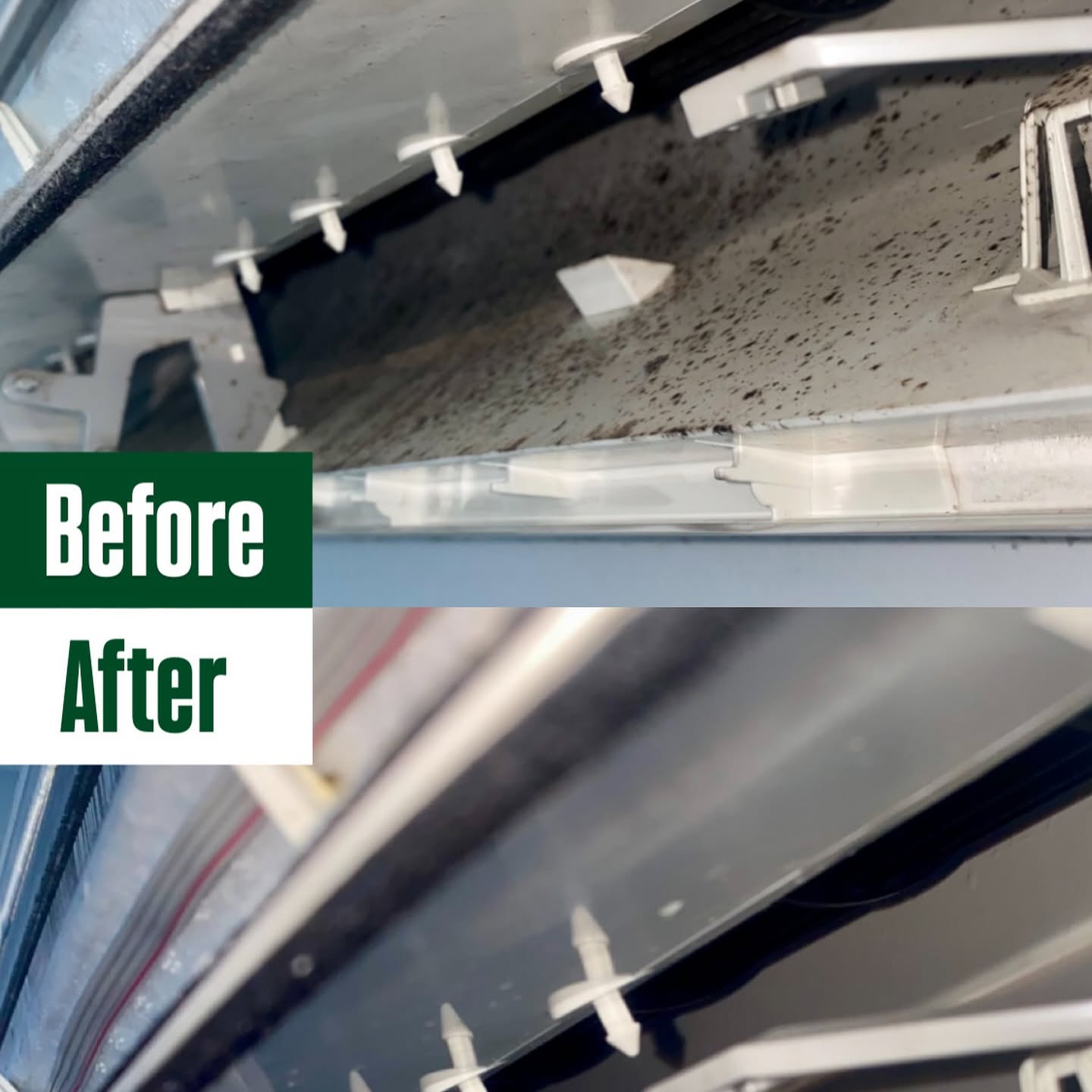 Before and after: the inside of a split system thick with mould, then clean