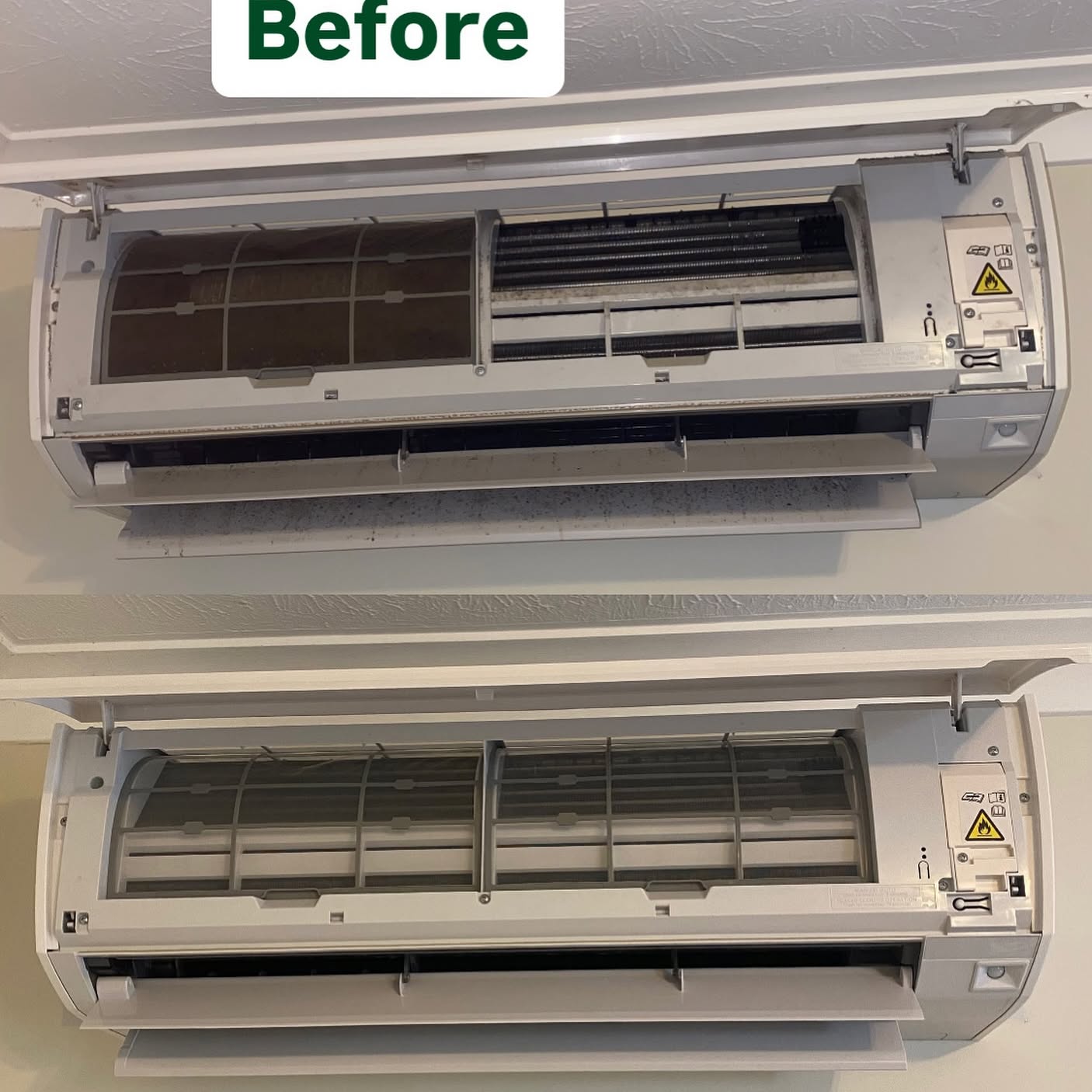 Two split systems stacked, labelled Before, showing dust on the fans